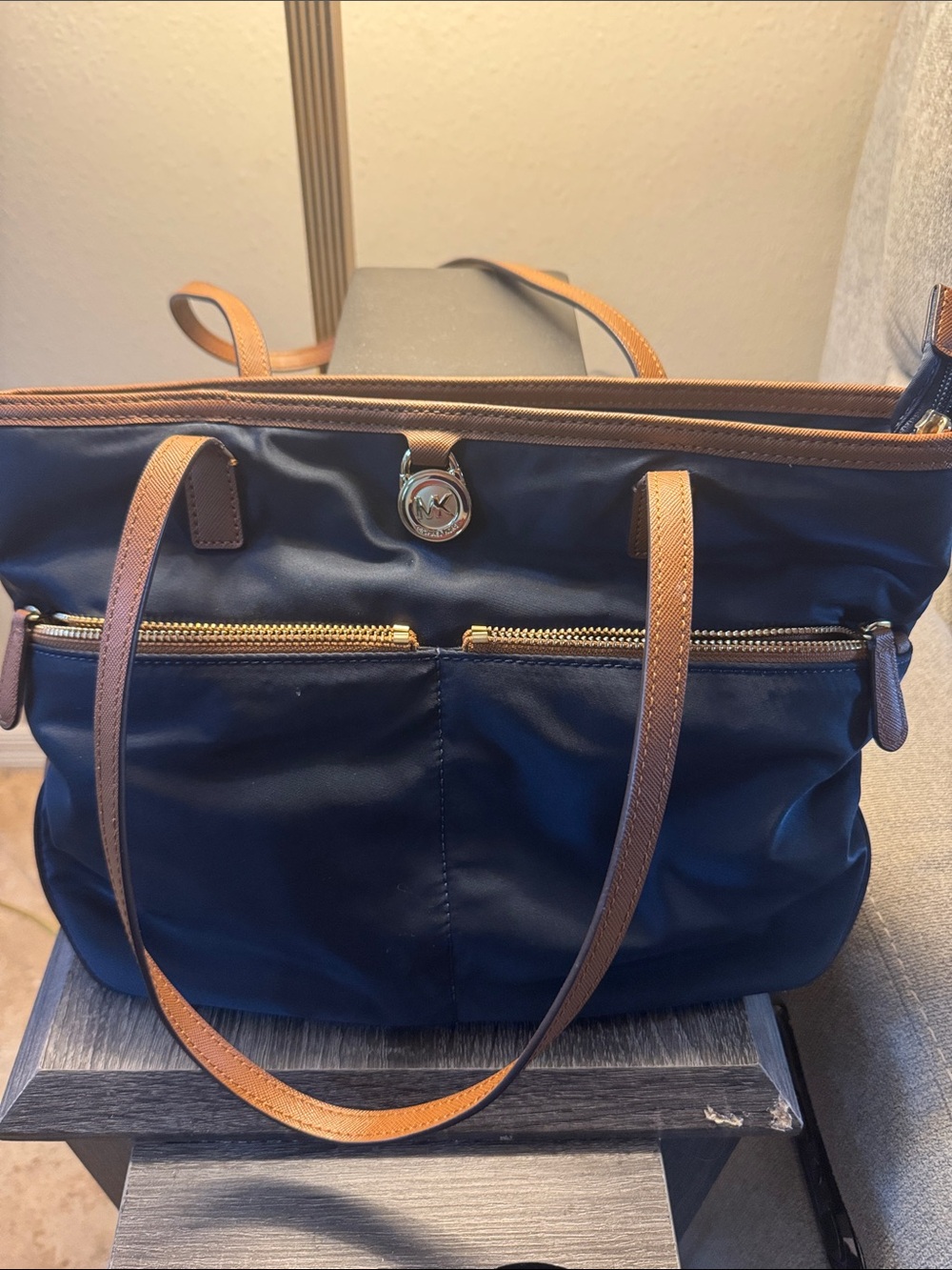 Michael Kors Navy Tote with Tan Leather Trim and Gold Hardware